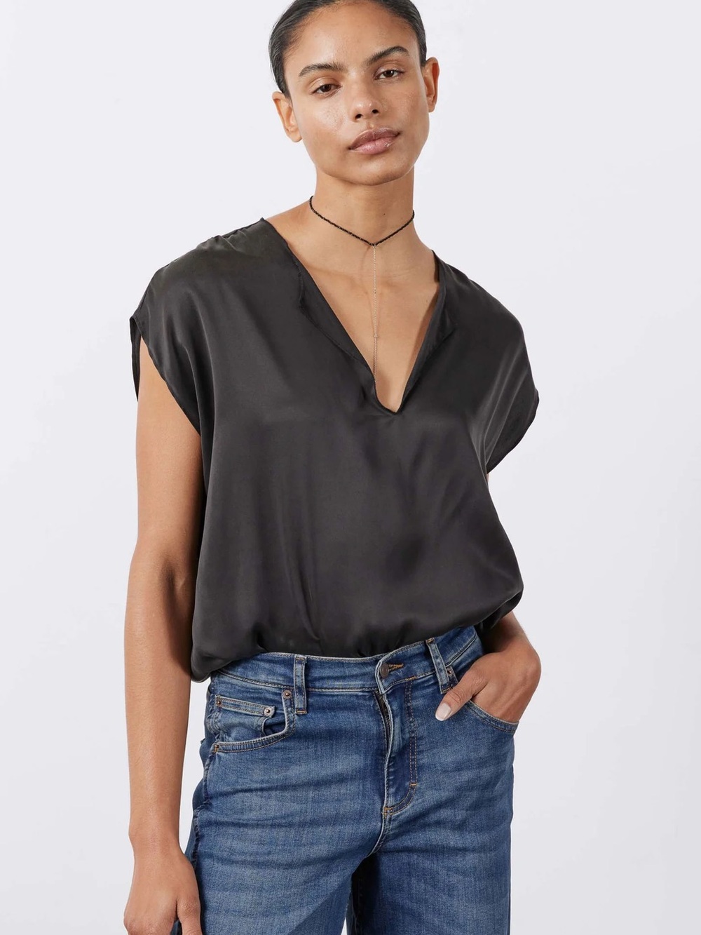 Ramy Brook Silk V-Neck Short Sleeve Top - Charcoal Gray
